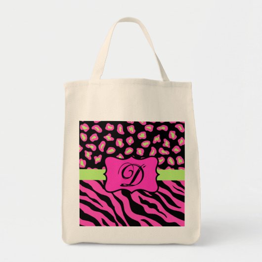 Roze, zwarte en kalkgroene Zebra en Cheetah Skins Tote Bag (Voorkant)