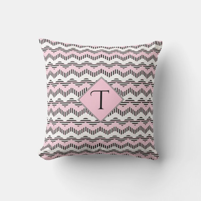 Roze, zwarte en witte Chevron, aangepast monogram Kussen (Voorkant)