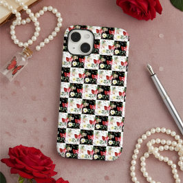 roze zwarte en witte dambklokroze bloemen Case-Mate iPhone 14 plus hoesje