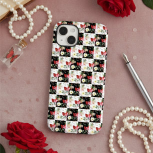 roze zwarte en witte dambklokroze bloemen Case-Mate iPhone 14 plus hoesje