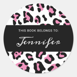 Roze, zwarte en witte luipaardvlektenboek ronde sticker