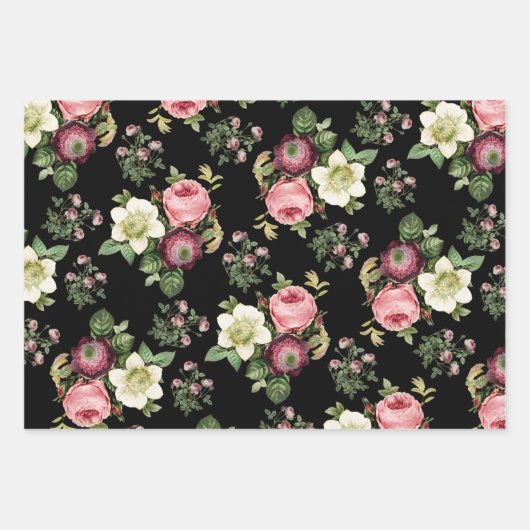 Roze, zwarte en witte  Roos Floral Patronen Inpakpapier Vel (Voorkant 3)