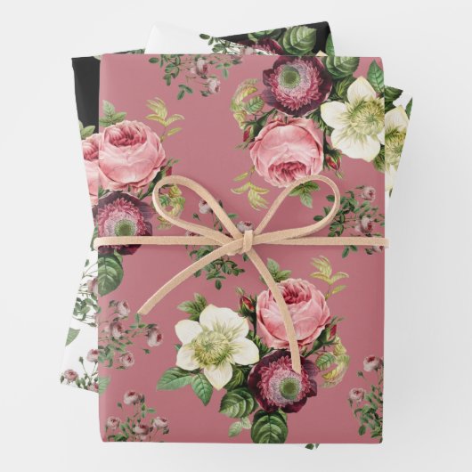 Roze, zwarte en witte  Roos Floral Patronen Inpakpapier Vel (In situ)