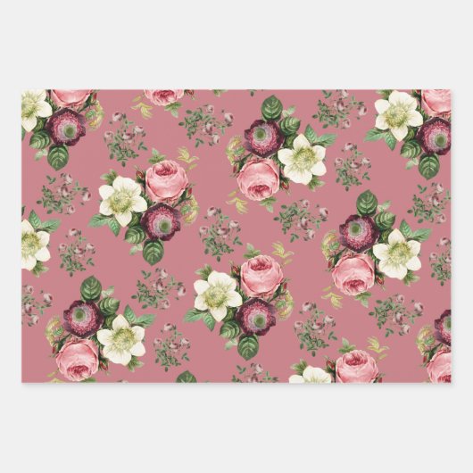Roze, zwarte en witte  Roos Floral Patronen Inpakpapier Vel (Voorkant)