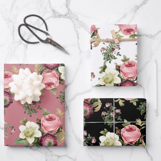 Roze, zwarte en witte  Roos Floral Patronen Inpakpapier Vel (Voorkant)