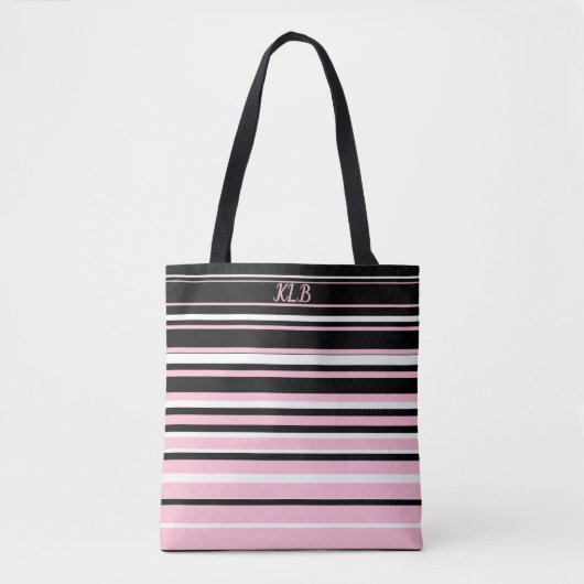 Roze, zwarte en witte strepen tote bag (Voorkant)