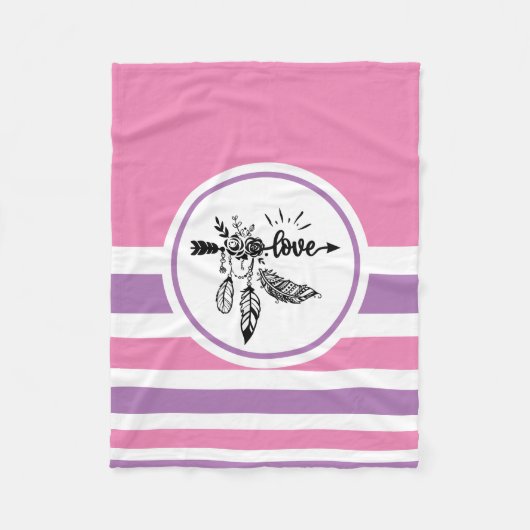 Roze, zwarte en witte striped boho Love Arrow Fleece Deken (Voorkant)