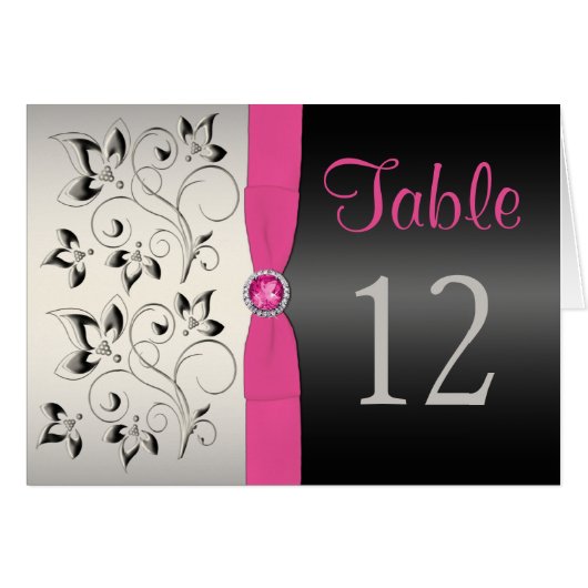 Roze, zwarte en zilveren Floral Table Number Card (Voorkant Horizontaal)