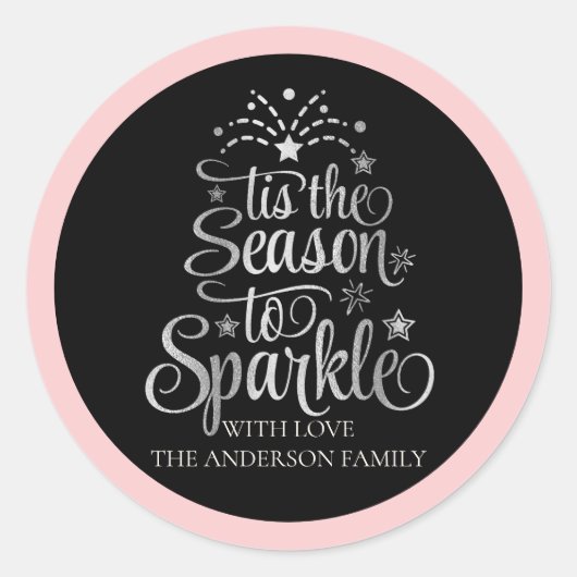Roze zwarte familienaam Seizoen Kerstmis Ronde Sticker (Voorkant)