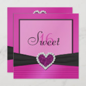 Roze, zwarte FAUX Glitter Heart Sweet 16 Invite Kaart (Voorkant / Achterkant)