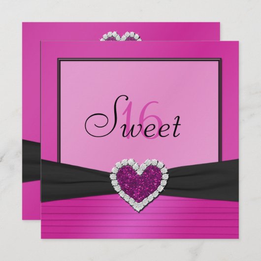 Roze, zwarte FAUX Glitter Heart Sweet 16 Invite Kaart (Voorkant / Achterkant)