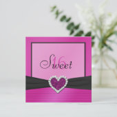 Roze, zwarte FAUX Glitter Heart Sweet 16 Invite Kaart (Staand voorkant)