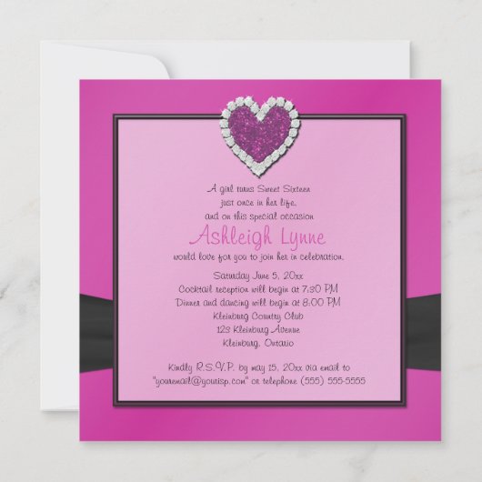 Roze, zwarte FAUX Glitter Heart Sweet 16 Invite Kaart (Achterkant)