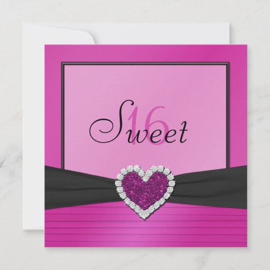 Roze, zwarte FAUX Glitter Heart Sweet 16 Invite Kaart (Voorkant)