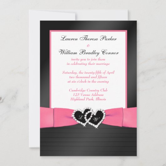 Roze, zwarte FAUX Pleats Hearts Wedding Invite 2 Kaart (Voorkant)