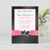 Roze, zwarte FAUX Pleats Hearts Wedding Invite 2 Kaart (Staand voorkant)