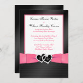 Roze, zwarte FAUX Pleats Hearts Wedding Invite 2 Kaart (Voorkant / Achterkant)