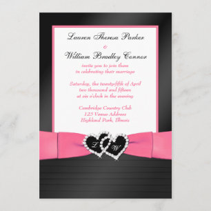Roze, zwarte FAUX Pleats Hearts Wedding Invite 2 Kaart