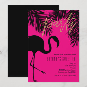 Roze & Zwarte Flamingo & Palm Boom Feest Uitnodigi Kaart