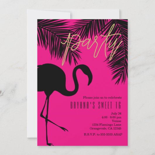 Roze & Zwarte Flamingo & Palm Party Uitnodigingen (Voorkant)