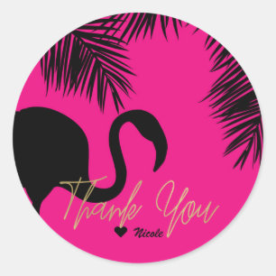 Roze & Zwarte Flamingo & Palm Tropisch Feest Ronde Sticker