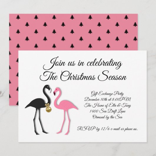 Roze Zwarte Flamingo's Kerstfeest Uitnodiging (Voorkant / Achterkant)