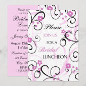 Roze zwarte Floral Bridal Luncheon Uitnodigingskaa Kaart (Voorkant / Achterkant)