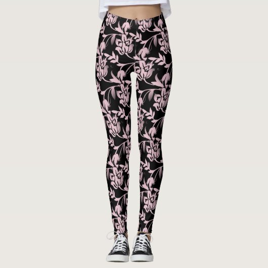Roze/Zwarte Floral Designer Leggings voor vrouwen (Voorkant)