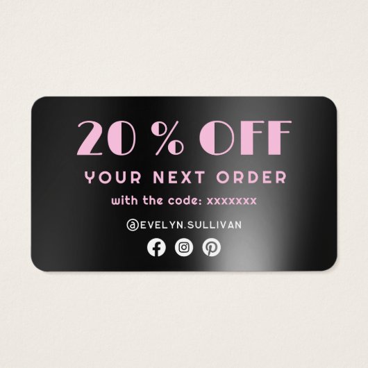 Roze zwarte folie-kortingskaart visitekaartje (Achterkant)