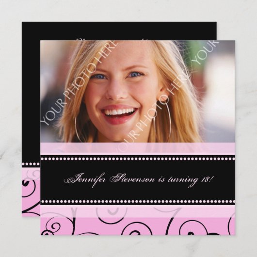Roze zwarte foto 18e verjaardag van uitnodigingen (Voorkant / Achterkant)