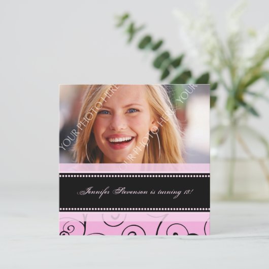 Roze zwarte foto 18e verjaardag van uitnodigingen  (Staand voorkant)