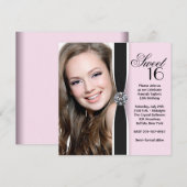 Roze Zwarte Foto Sweet 16 Verjaardagsfeest Kaart (Voorkant / Achterkant)