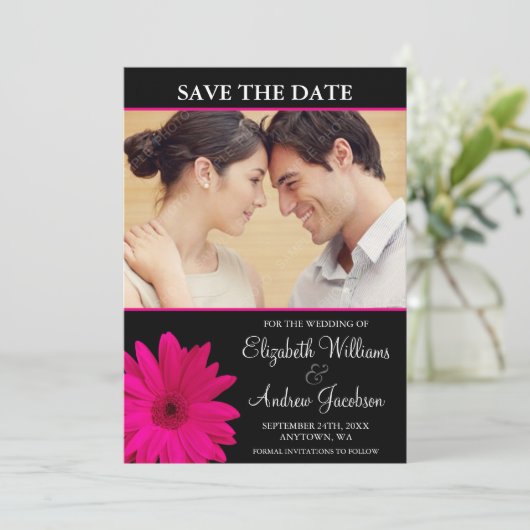 Roze zwarte foto van Daisy Save the Date (Staand voorkant)