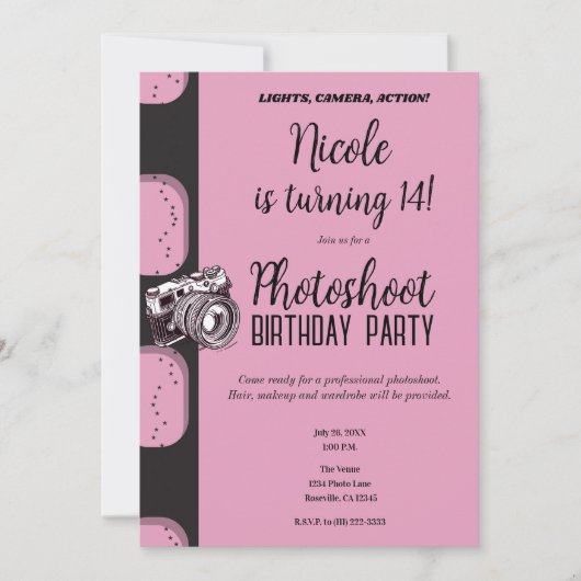 Roze Zwarte Fotoshoot Verjaardagsfeest Kaart (Voorkant)