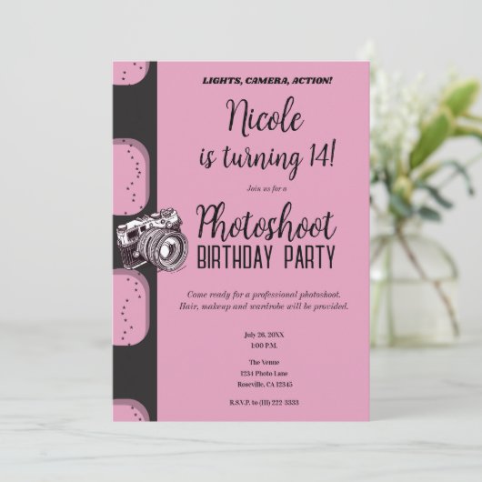 Roze Zwarte Fotoshoot Verjaardagsfeest Kaart (Staand voorkant)