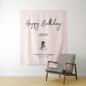 Roze & Zwarte Gelukkige Verjaardag Foto Feest Acht Wandkleed (In situ)