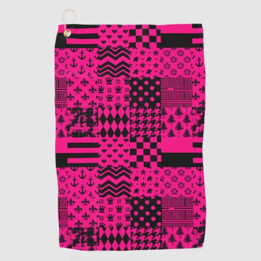 Roze Zwarte Gemengde Patchwork Ontwerp Golfhanddoek (Voorkant)