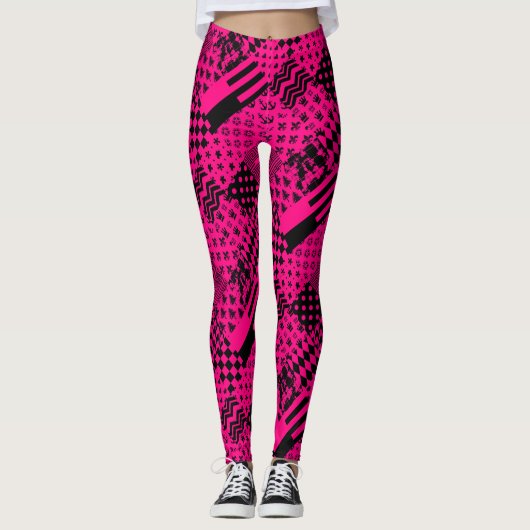 Roze Zwarte Gemengde Patchwork Ontwerp Leggings (Voorkant)