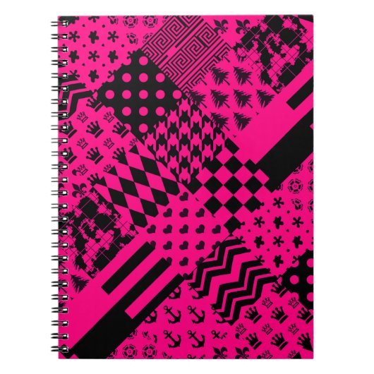 Roze Zwarte Gemengde Patchwork Ontwerp Notitieboek (Voorkant)