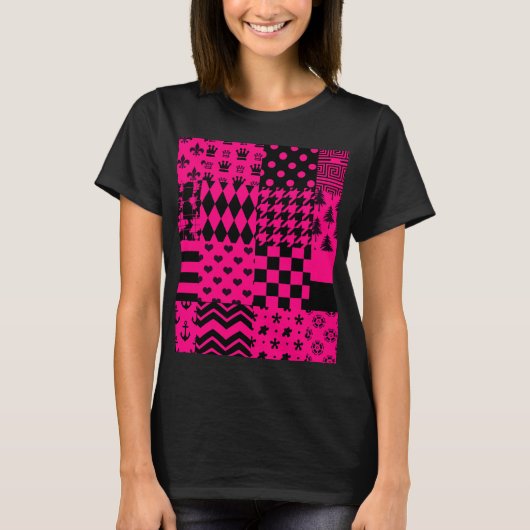 Roze Zwarte Gemengde Patchwork Ontwerp T-shirt (Voorkant)