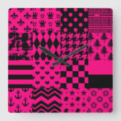 Roze Zwarte Gemengde Patchwork Ontwerp Vierkante Klok (Voorkant)