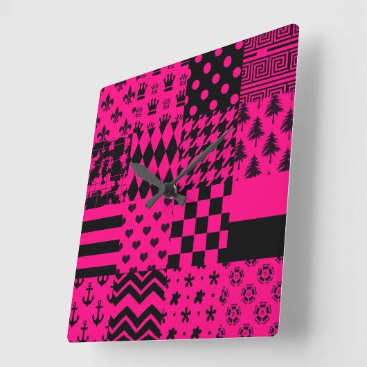Roze Zwarte Gemengde Patchwork Ontwerp Vierkante Klok (Hoek)