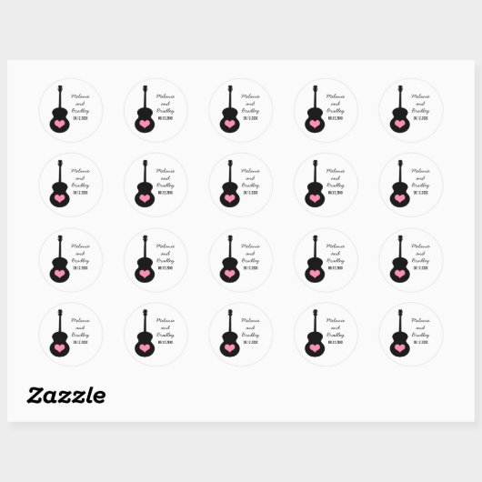 Roze/zwarte gitaarhartweddenkers ronde sticker (Vel)