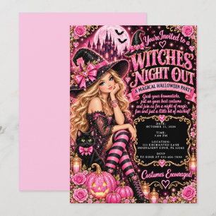 Roze Zwarte Glam Heksen Uitje Halloween Feest Kaart