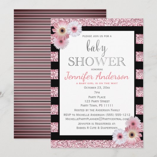 Roze Zwarte Glamour Stripe Baby shower Kaart (Voorkant / Achterkant)