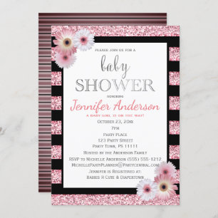 Roze zwarte Glamour Stripe Baby shower Kaart