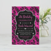 Roze & Zwarte Glitter Bloemen Damask 21ste Verjaar Kaart (Staand voorkant)