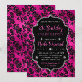 Roze & Zwarte Glitter Bloemen Damask 21ste Verjaar Kaart (Voorkant / Achterkant)