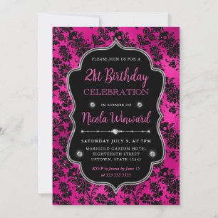 Roze & Zwarte Glitter Bloemen Damast 21e Verjaarda Kaart