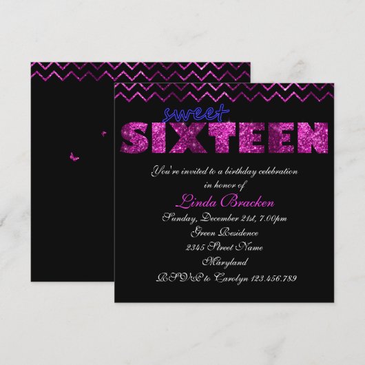 Roze zwarte glitter Chevron Sweet Sixteen Invite Kaart (Voorkant / Achterkant)